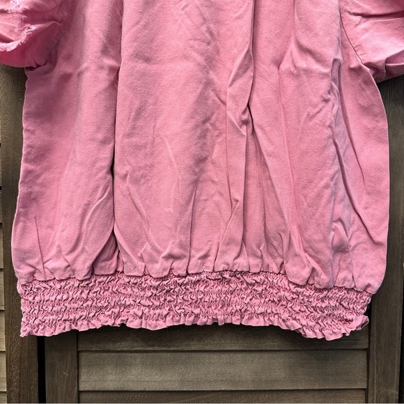 Relaxed Old Rose Plain Boho Neutral Chic Cuffed Sleeve‎ Smocked Blouse Sz L - Picture 10 of 11